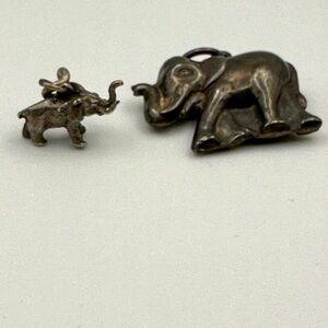 2 Vintage Elephant Charms trunk up sterling silver pendants